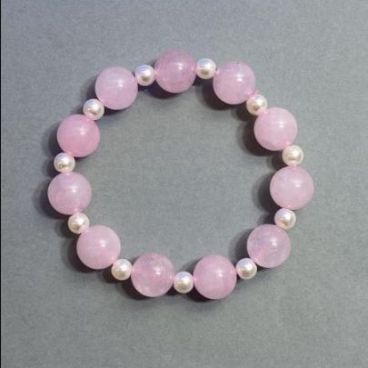 Rose Quartz Smooth Bead Bracelet, diameter 12mm+- with Imitation Pearl 6mm+-, length 18cm+- stretch