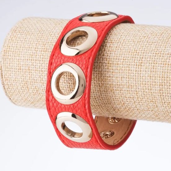 Tin Tin Bracelet, studded eco-leather with snap buttons, pink, metal colour "gold", width 2.5cm, length 18-23cm