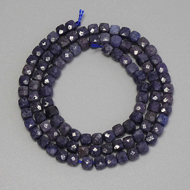 Sapphire Beads, Faceted Cube, Diameter 4mm+- on Thread, Length 39cm+