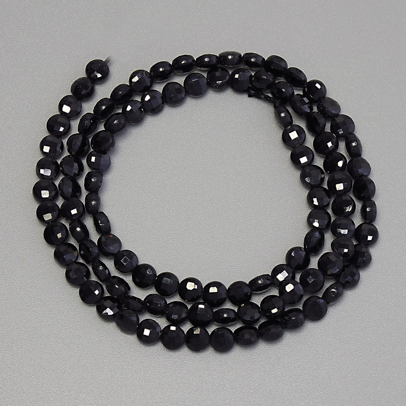 Black Tourmaline Beads, Faceted Coin, Diameter 4mm+- on Thread, Length 39cm+