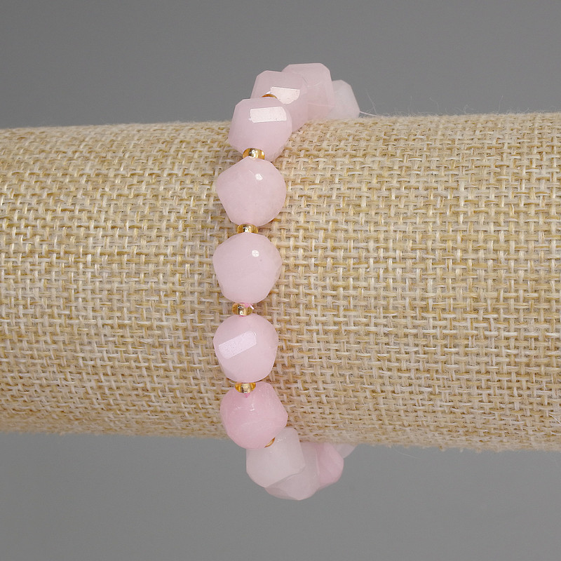 Rose Quartz Faceted Rhombus Bracelet, diameter 10x9mm+/- with 3mm+/- seed beads, length 18cm+/- stretch