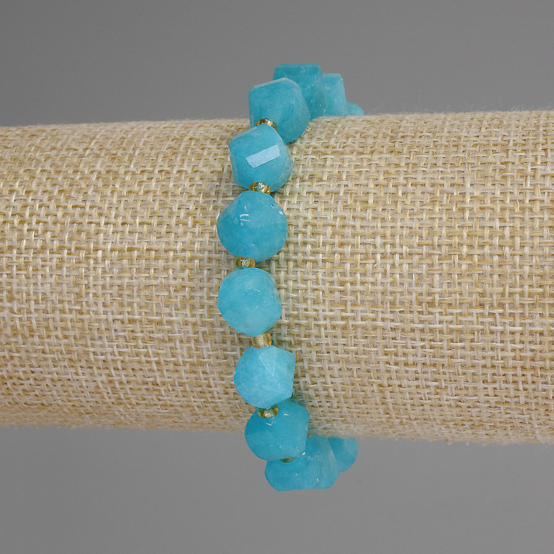 Aquamarine Faceted Rhombus Bracelet, diameter 9x8mm+/-, seed beads 3mm+/-, length 18cm+/- stretch