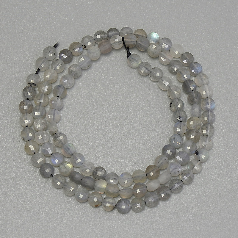 Labradorite Faceted Coin Beads, diameter 4mm+/-, length 39cm+/- on a strand