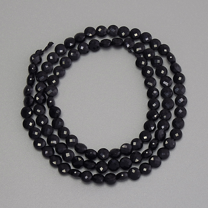 Black tourmaline faceted round beads, coin-shaped, 4mm diameter, approximately 39cm length on thread