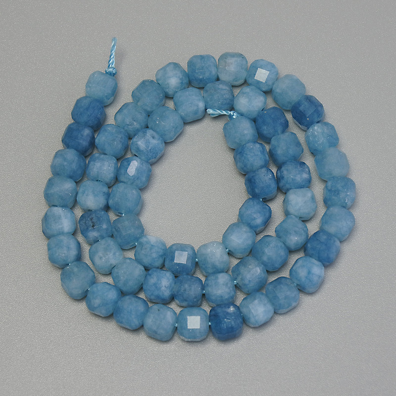 Aquamarine Beads Faceted Cube, Diameter 5x5mm+/-, Length 33cm+/- on Thread