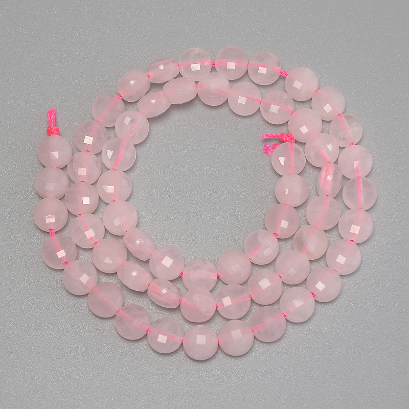 Rose Quartz Beads, Faceted Coin, Diameter 6.5mm+/-, Length 38cm+/- on a Strand