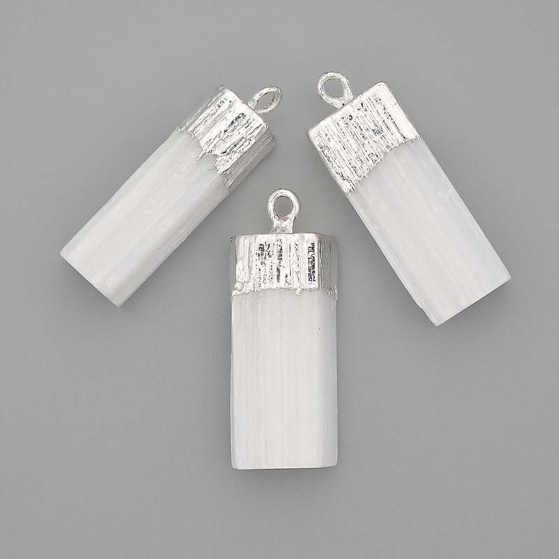 Raw Selenite Mineral Pendant 30x12mm+/-, length 33mm+/- silver-tone metal