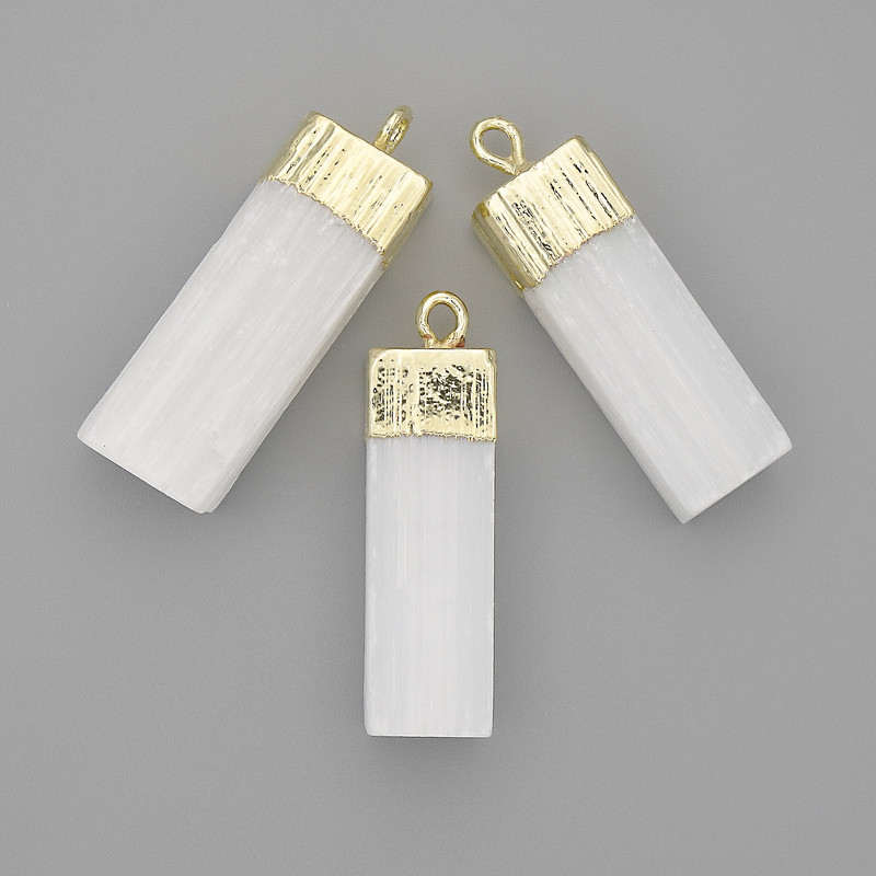 Raw Selenite Mineral Pendant 32x12mm+/-, length 36mm+/- gold-tone metal