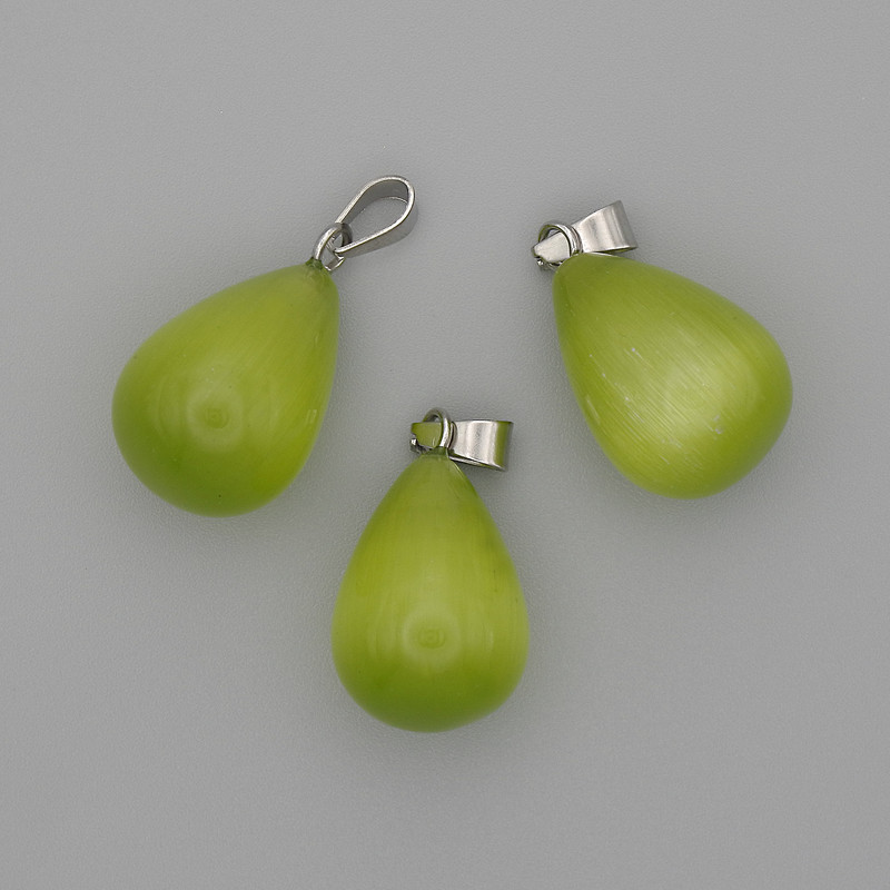 Drop Pendant Green Cat's Eye 19x13mm+/-, length 29mm+
