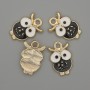 Owl Pendant Charm, White & Black Enamel, Gold-tone Metal, Diameter 12x19mm+/- Pack of 4pcs
