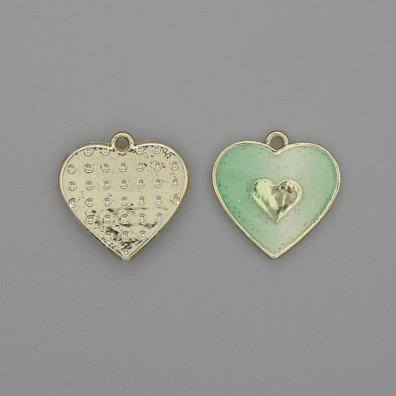 Heart Pendant Charm, Light Green Colour, Gold-tone Metal, Diameter 15x15mm+/- Pack of 2pcs