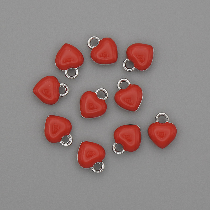 Heart Pendant, Red Enamel, Silver-Tone Metal, Diameter 6x8mm+/- Pack of 10pcs