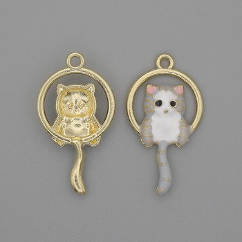 Cat Pendant Charm, White & Grey Enamel, Gold-tone Metal, Diameter 15x27mm+/- Pack of 2pcs