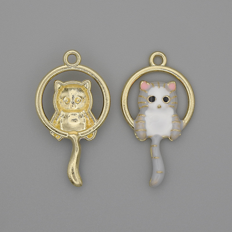 Cat Pendant Charm, White & Grey Enamel, Gold-tone Metal, Diameter 15x27mm+/- Pack of 2pcs