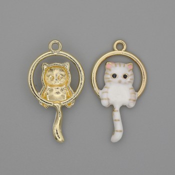 Cat Pendant, White Enamel, Gold-Tone Metal, Diameter 15x27mm+/- Pack of 2pcs
