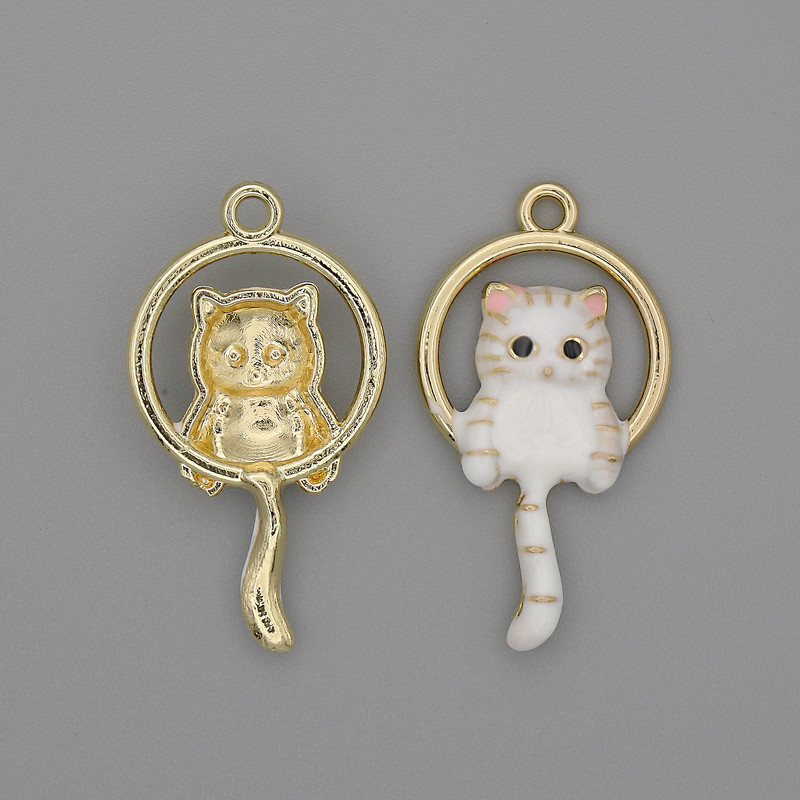 Cat Pendant, White Enamel, Gold-Tone Metal, Diameter 15x27mm+/- Pack of 2pcs