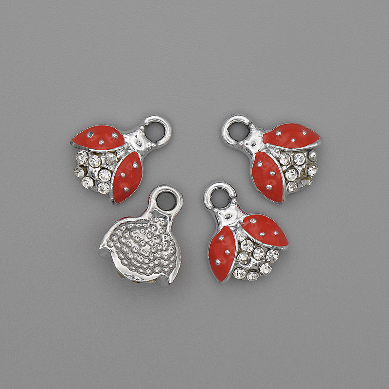 Ladybird Charm Pendant with Rhinestones, Red Enamel, Silver-Tone Metal, Diameter 10x12mm+/-, Pack of 4
