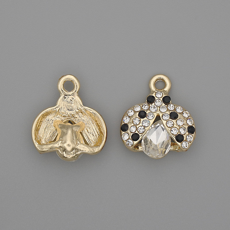 Ladybird Charm Pendant with Rhinestones, Silver-Tone Metal, Diameter 15.5x15x.5mm+/-, Pack of 2