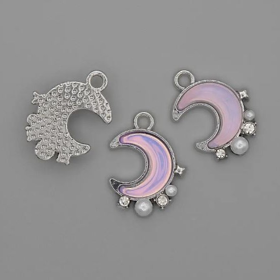 Pendant Charm Moon with Pearls and Rhinestones Silver-tone Metal, Diameter 15mm+/-, Length 18m+/-, Pack of 3