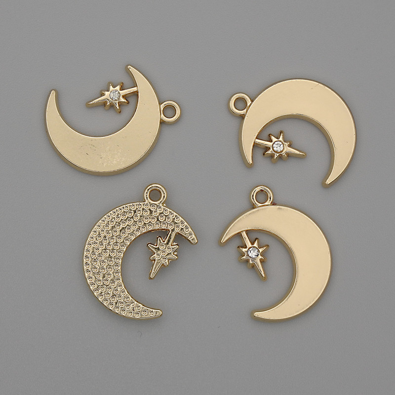 Moon and Star Pendant Charm, Gold-Tone Metal, Diameter 16mm+/-, Length 18mm+/-, Pack of 4