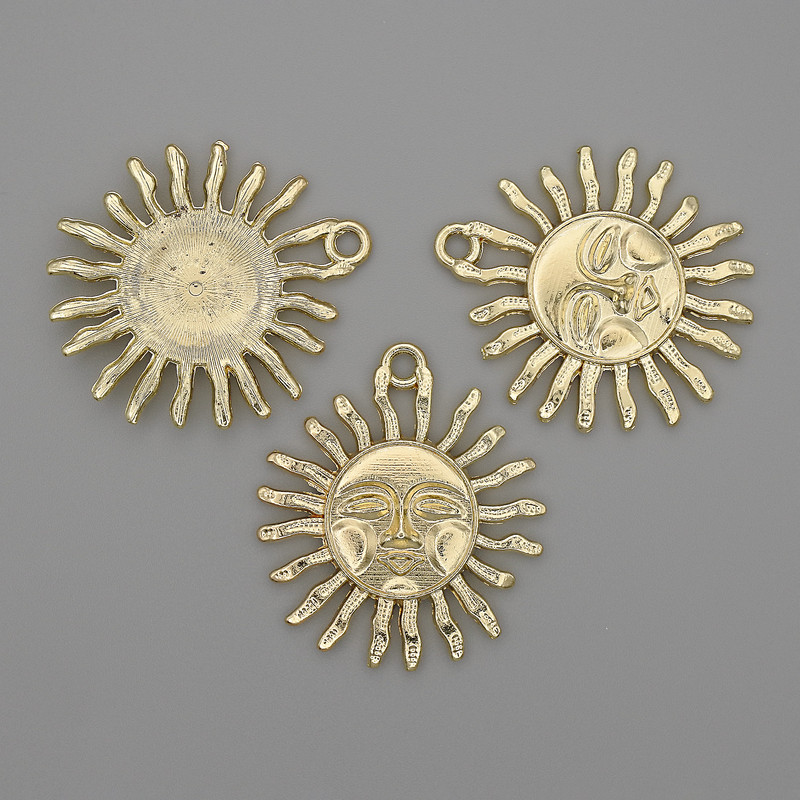 Sun Pendant Charm, Gold-Tone Metal, Diameter 29mm+/-, Length 33mm+/-, Pack of 3