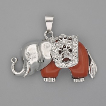 Elephant Pendant Red Jasper 39x34mm+/- Silver-Tone Metal