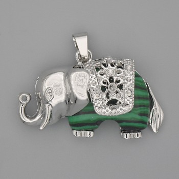 Elephant Pendant Malachite 39x34mm+/- silver-tone metal