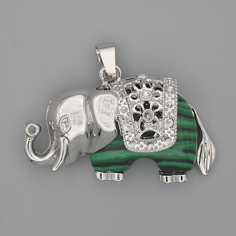 Elephant Pendant Malachite 39x34mm+/- silver-tone metal