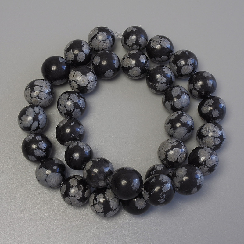 Snowflake Obsidian Beads on Fishing Line, Smooth Round, Diameter 12mm+/-, Length 38cm+