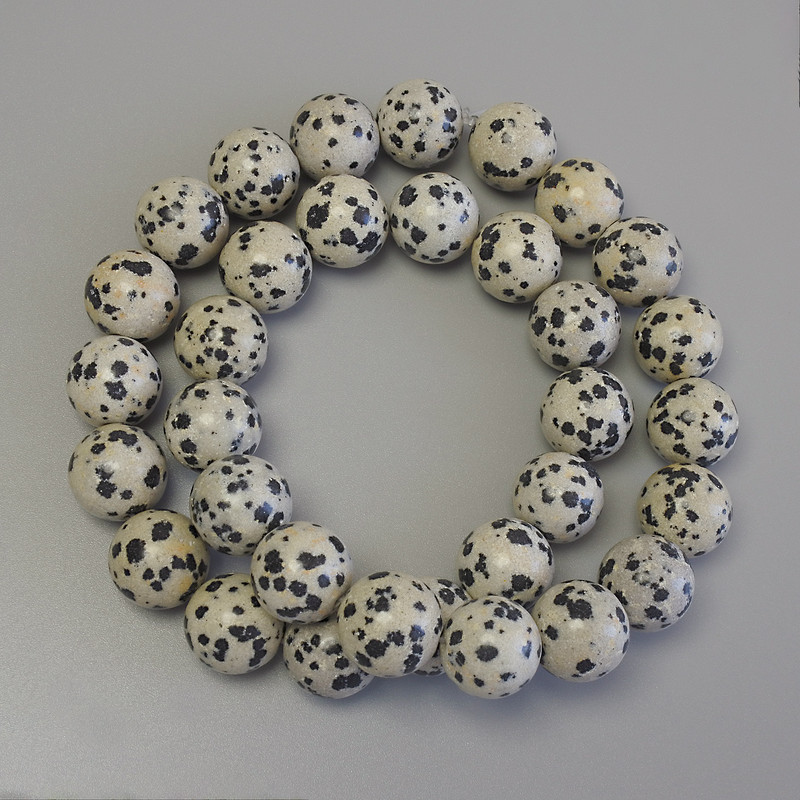 Dalmatian Jasper Beads on Fishing Line, Smooth Round, Diameter 12mm+/-, Length 38cm+