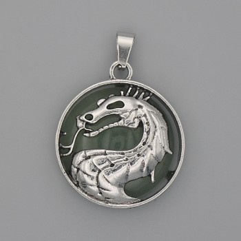 Dragon in Circle Pendant, Jade, Diameter 28mm+/-, Length 38mm+/-, Silver-Tone Metal