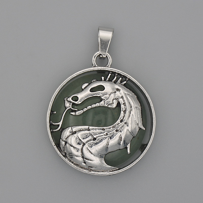 Dragon in Circle Pendant, Jade, Diameter 28mm+/-, Length 38mm+/-, Silver-Tone Metal