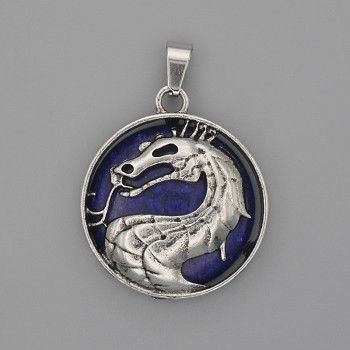Dragon in Circle Pendant, Lapis Lazuli, Diameter 28mm+/-, Length 38mm+/-, Silver-Tone Metal