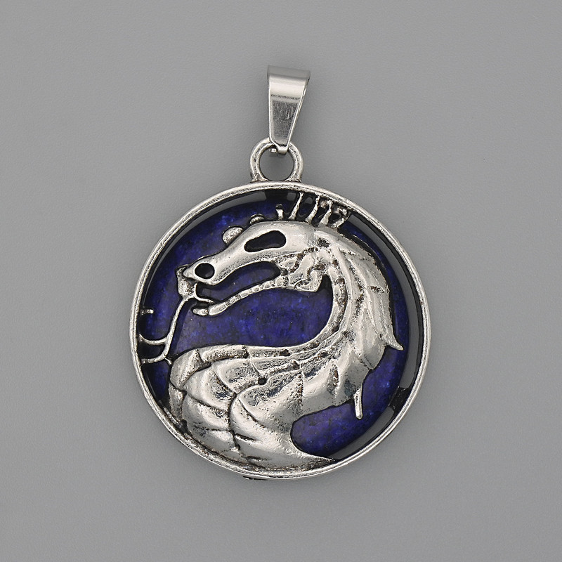 Dragon in Circle Pendant, Lapis Lazuli, Diameter 28mm+/-, Length 38mm+/-, Silver-Tone Metal