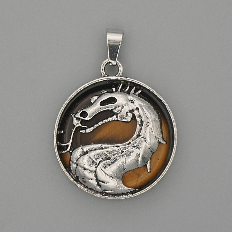 Dragon in Circle Pendant, Tiger Eye, Diameter 28mm+/-, Length 38mm+/-, Silver-Tone Metal