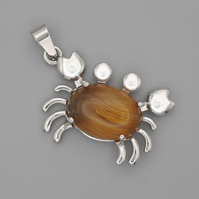 Crab Pendant, Tiger Eye, 40x22mm+/-, Silver-Tone Metal