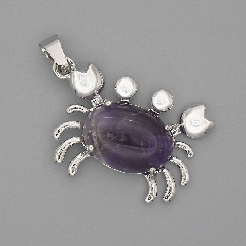Crab Pendant, Amethyst, 40x22mm+/-, Silver-Tone Metal