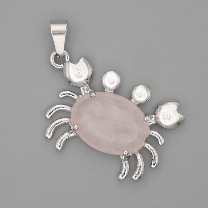 Crab Pendant, Rose Quartz, 40x22mm+/-, Silver-Tone Metal
