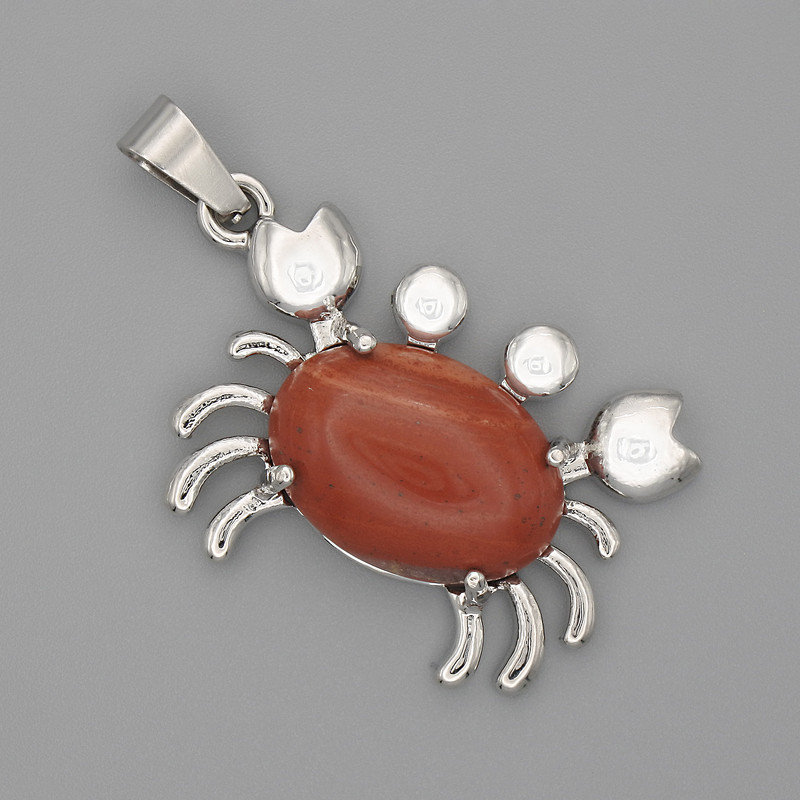 Crab Pendant, Red Jasper, 40x22mm+/-, Silver-Tone Metal