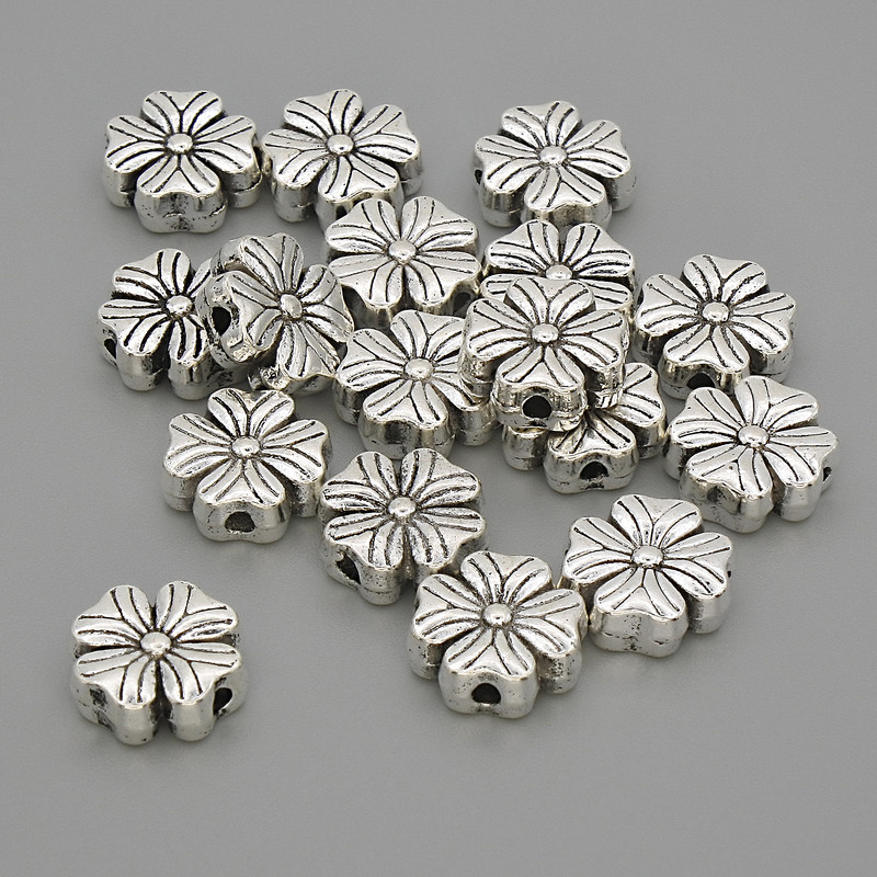 Flower Spacer Bead Finding, Silver Metal Colour, Diameter 9x9x3.5mm+/-, Hole Diameter 1.5mm+/-, 20g Pack (~17pcs)