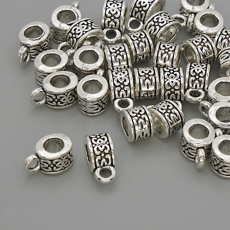 Bail finding, silver metal colour, size 6x5x10mm+-, holes diameter 4mm+-, diameter 2mm+-, pack 20g (~30pcs)