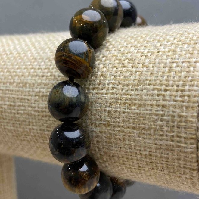 Tiger's Eye and Hawk's Eye Natural Stone Bracelet, Smooth Round Bead, Diameter 12(+/-)mm, Length 18cm (Stretch)