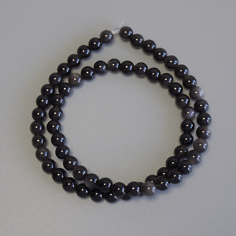 Silver Obsidian Smooth Round Beads, diameter 6mm+/-, on fishing line, length 38cm+