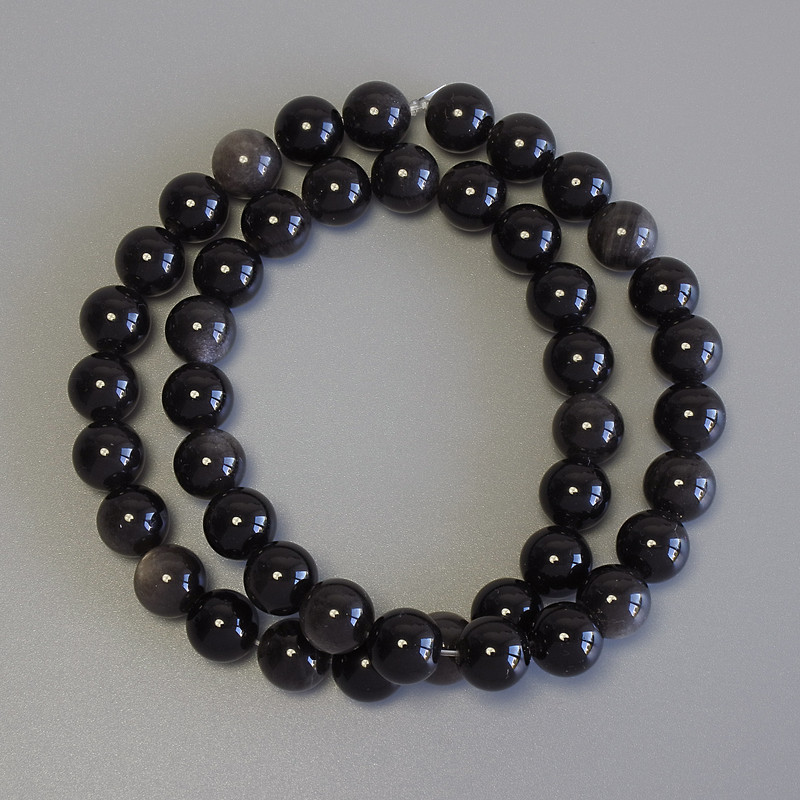 Silver Obsidian Smooth Round Beads, Diameter 9mm+/-, on Fishing Line, Length 38cm+