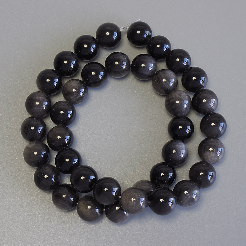 Silver Obsidian Smooth Round Beads, diameter 10.5mm+/-, on fishing line, length 38cm+