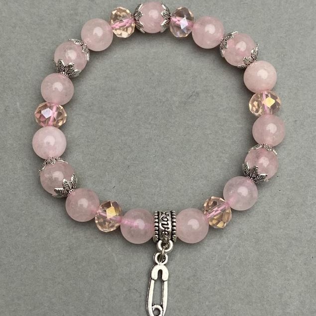 Rose Quartz Bracelet, Ball Bead 8mm+/- Czech Crystal Rondelle 8x6.5mm with Metal Spacers, Length 18cm+/- Stretch