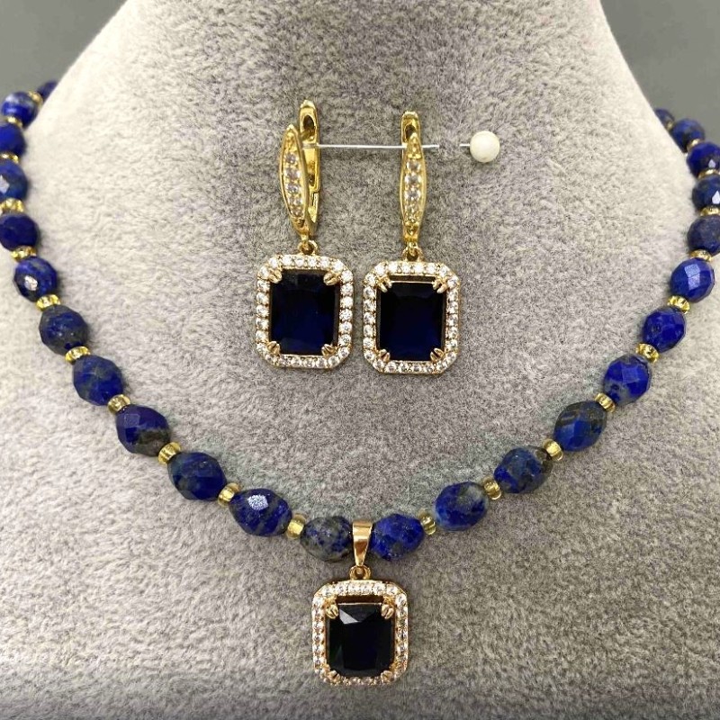 Lapis Lazuli Choker Set, faceted bead 8x6mm+, length 41cm+- extension chain +5cm, earrings 35x13mm+- blue crystal