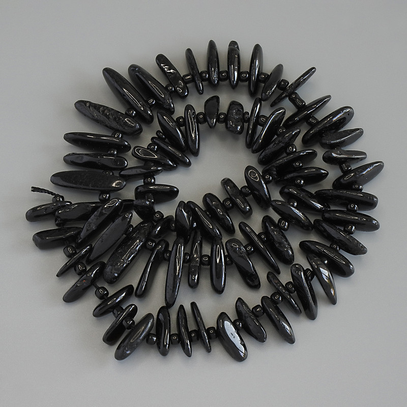 Black Tourmaline Needle Chip Beads, diameter 13-18x2-5mm+/- seed beads 3mm+/- on a strand, length 39cm+