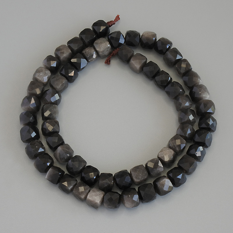 Silvery Obsidian Faceted Cube Beads, diameter 7x7mm+/-, on strand, length 40cm+