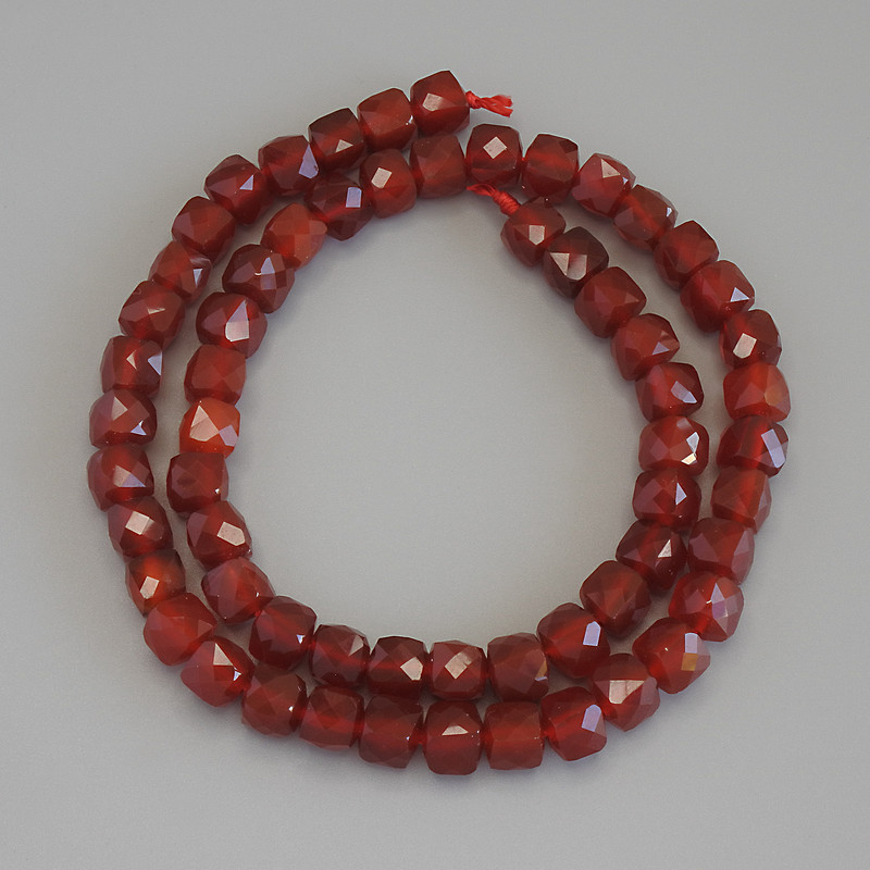 Carnelian Beads, Faceted Cube, Diameter 6.5x6.5mm+/-, on a Strand, Length 39cm+